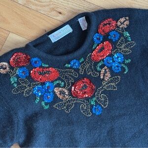 Karen Scott Charcoal Sweater with Red and Blue Sequin Embroidery
